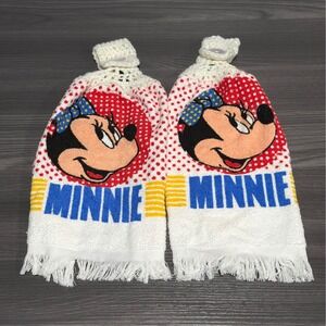 Vintage Minnie Mouse Hanging Kitchen Towels Set 2 Cannon Crochet Top Red White